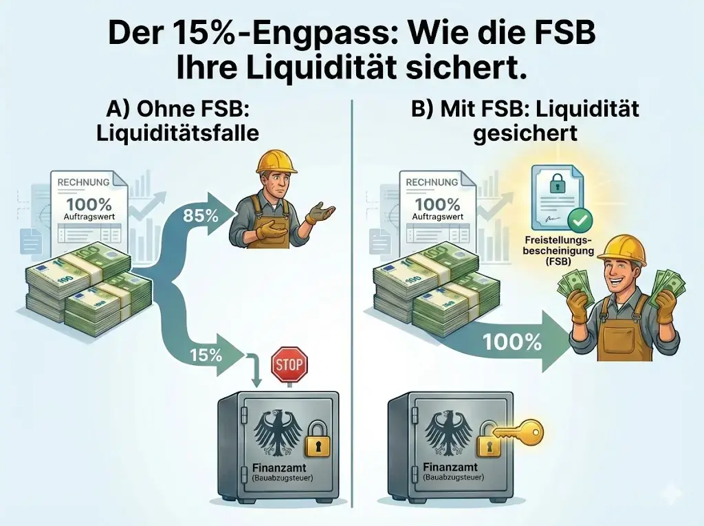 Grafik Bauabzugssteuer Grafik erläutert den Unterscheid zwischen 15% Bauabzugssteuer einbalten und kein Abzug weil eine Freistellungsbescheinigung vorgelegt wurde.