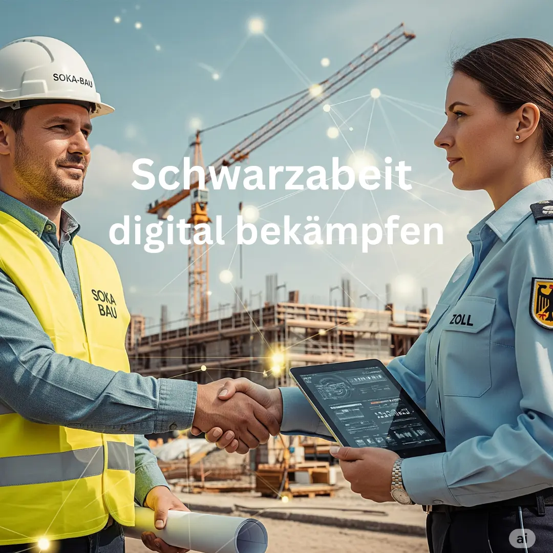 SOKA-BAU und Zoll digitalisieren Schwarzarbeitbekämpfung Das Bild zeigt eine symbolhaft einen Mann (SOKA-BAU) und eine Frau in Uniform (Zoll) mit Tablet, die sich die Hände reichen.