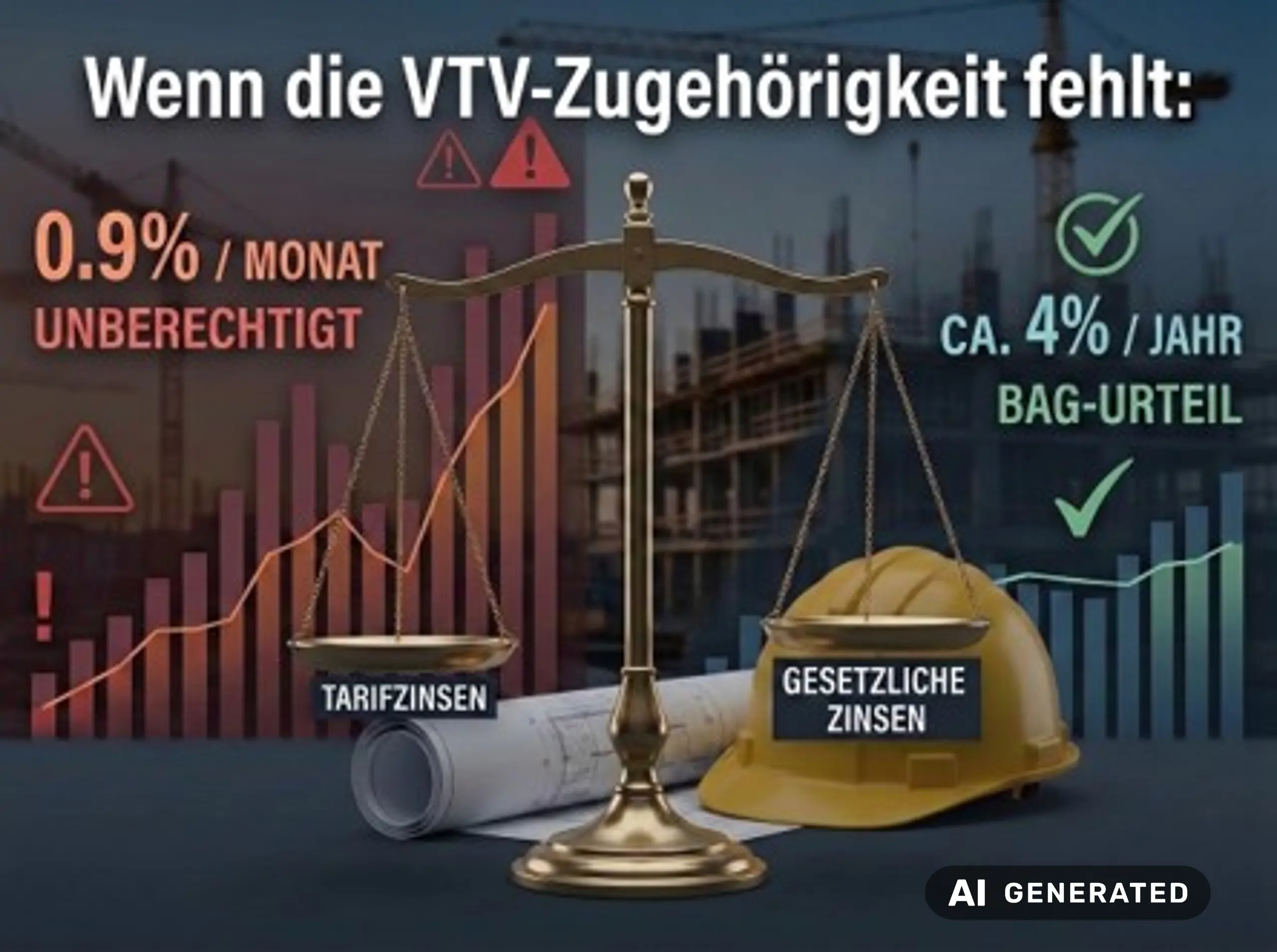 Die Grafik stellt die im VTV festgelegten hohen Zinsforderugen den niedrigen gesetzlichen Zinsforderungen gegenüber. Die Grafik ist KI-generiert.